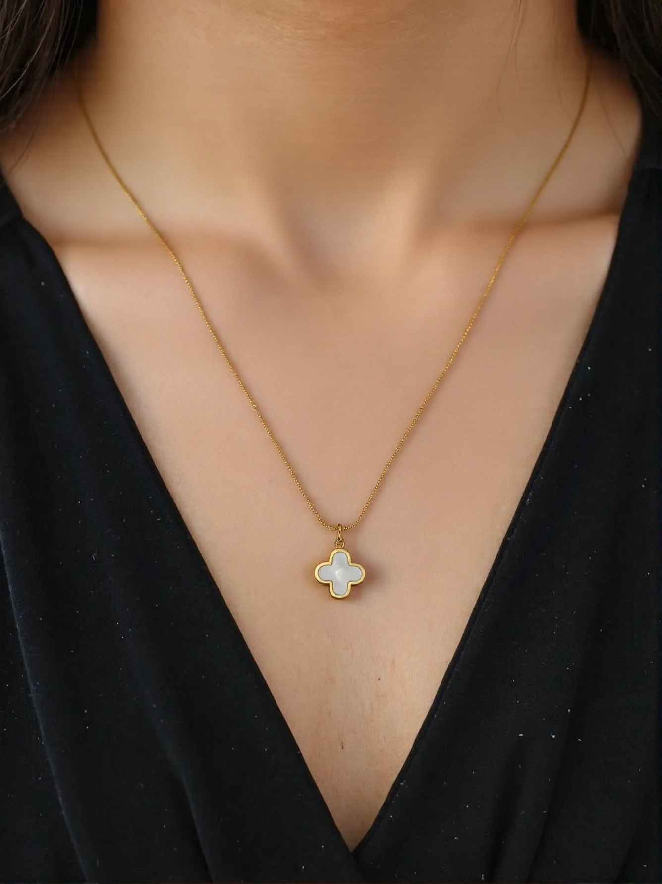 Stainless Steel B&W Clover Pendant Neckchain